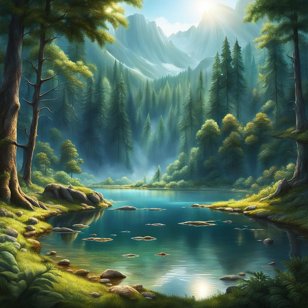 Landscape of untouched nature representing a planet without technology and pollution, sprawling forests meet clear lakes...