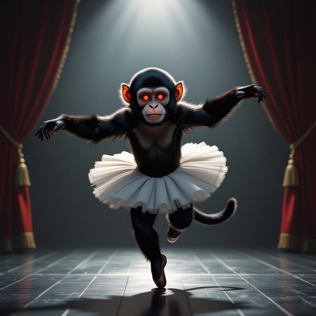 Devilish Capuchin Ballerina on Dimly Lit Stage