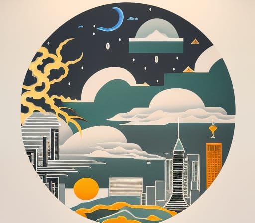 Yin Yang Cityscape and Stormy Sea in Watercolor