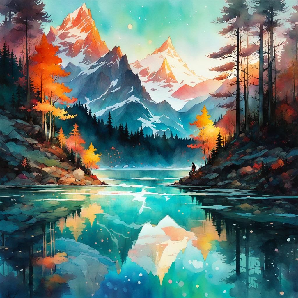 Dreamy Watercolor Landscape Reflected on Frozen Lake