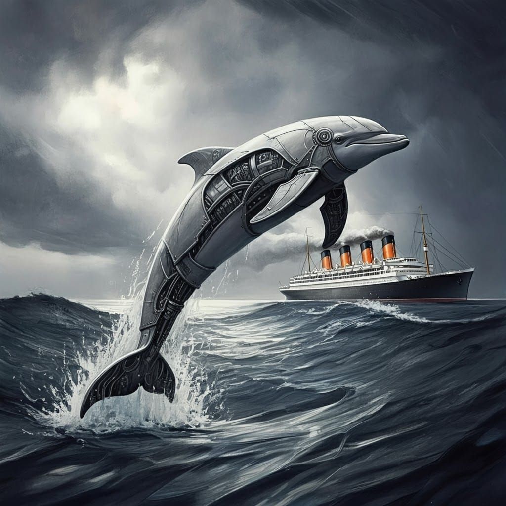 Biomechanical Dolphin Leaps: Charcoal Art Style