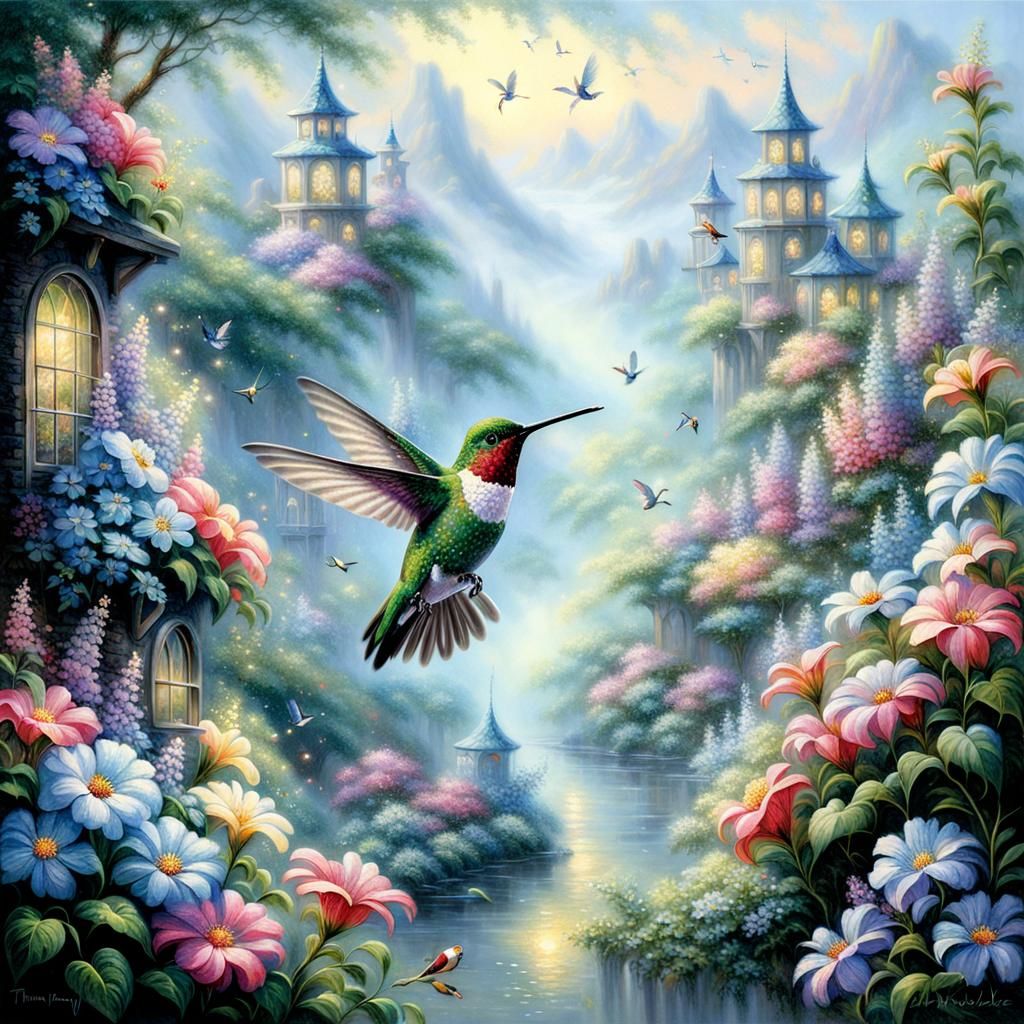 Floral Hummingbird in Ethereal Fantasy Style