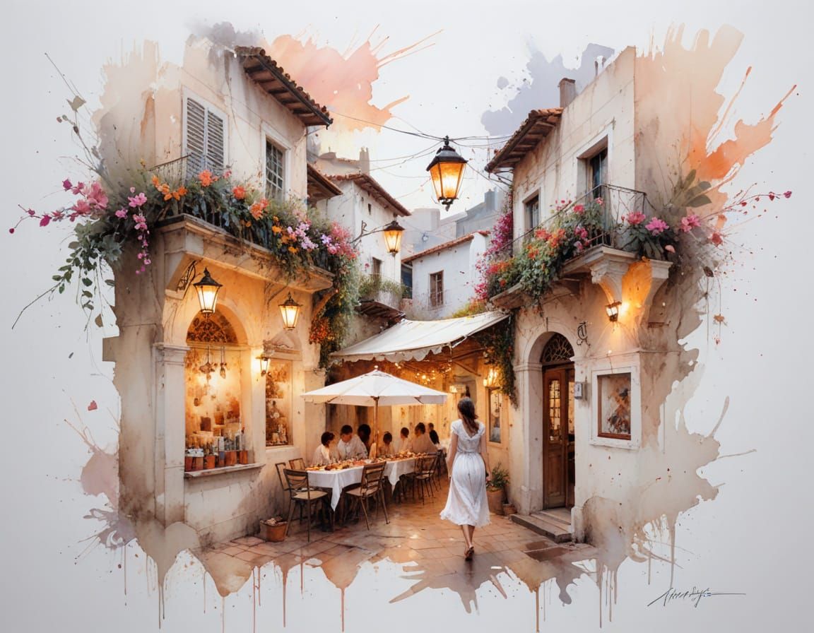 Mediterranean Seaside Town at Sunset with Vibrant Market