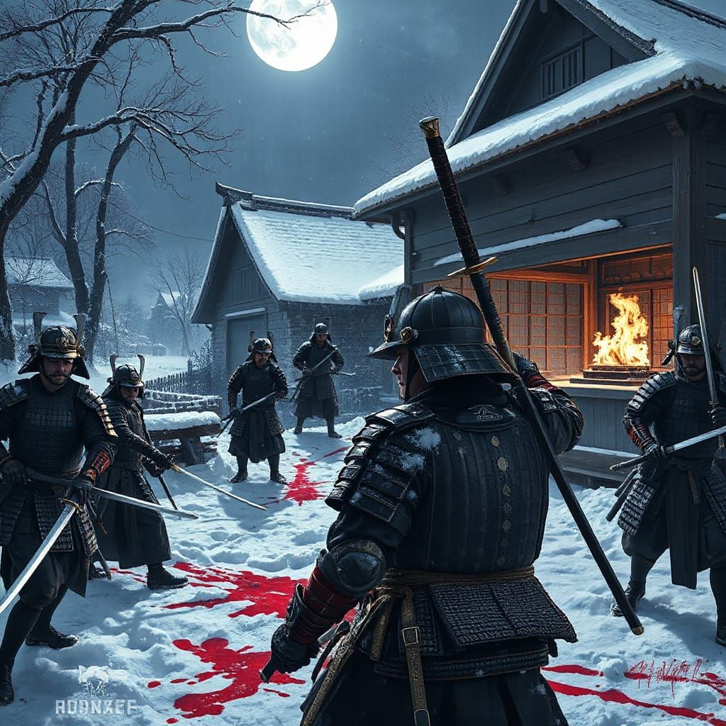 Samurai Ronin Storm Feudal Japanese Mansion in Moonlit Battl...
