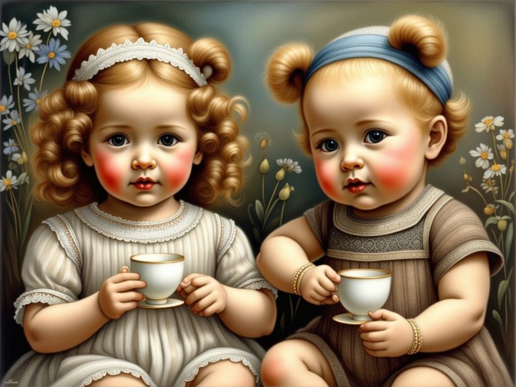 Whimsical Dolls and Teddy Bears Enjoy Tea Time