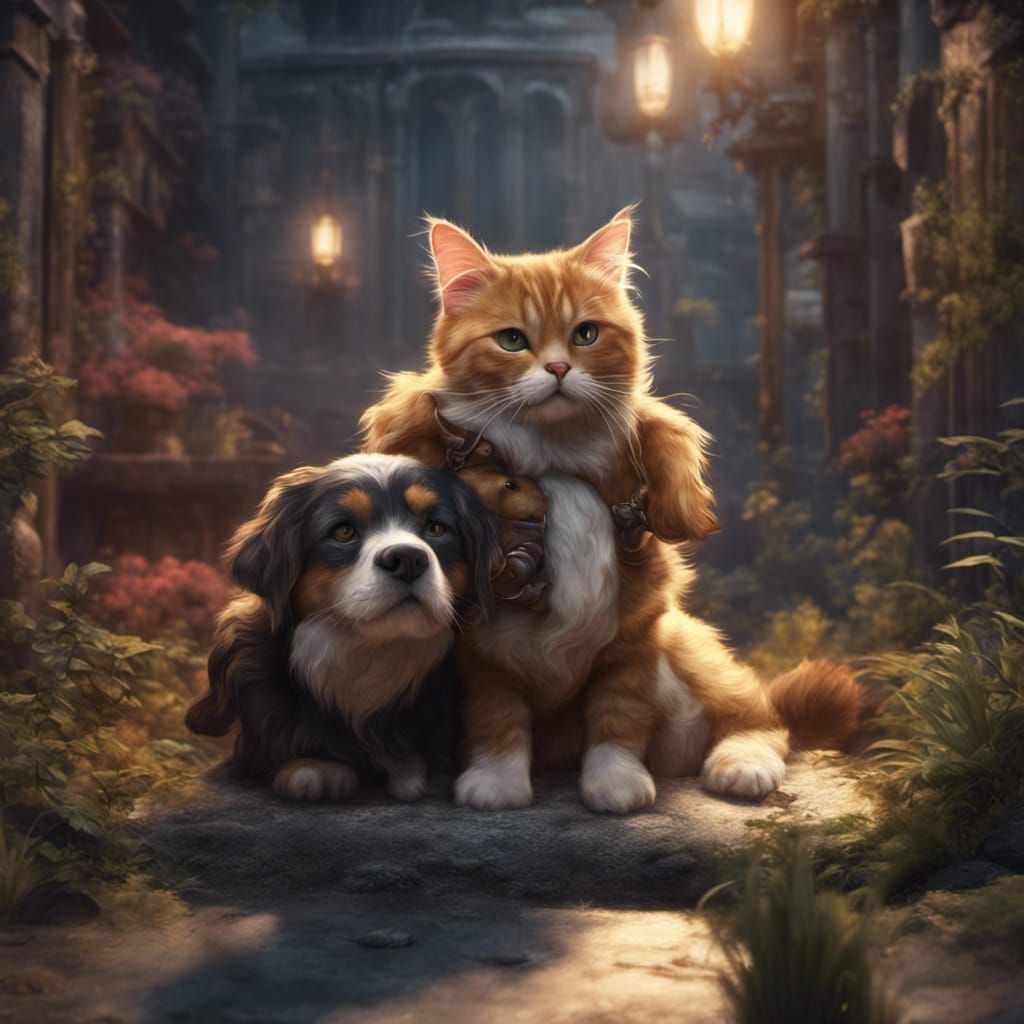 Cute Cat Hugs Dog: Detailed Matte Painting