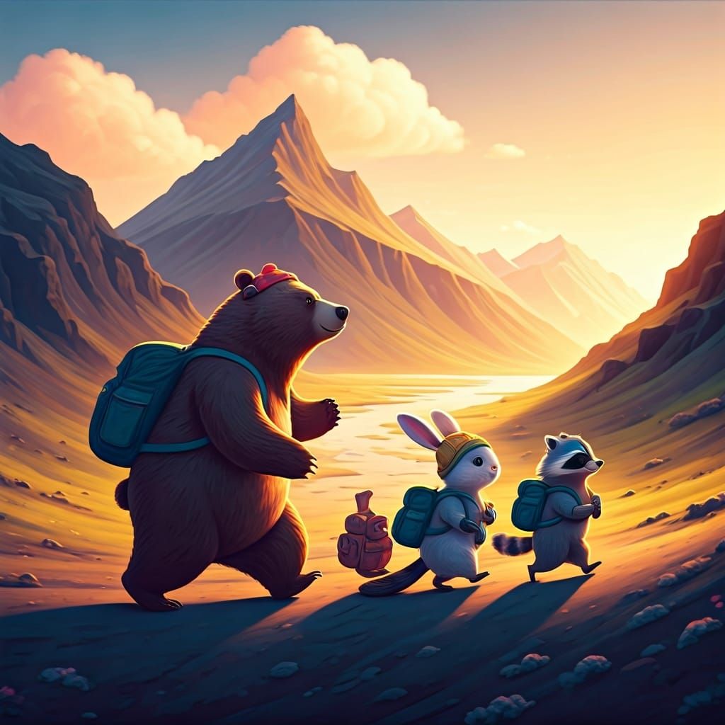 Animals on Adventure in Children's Book Illustration Style