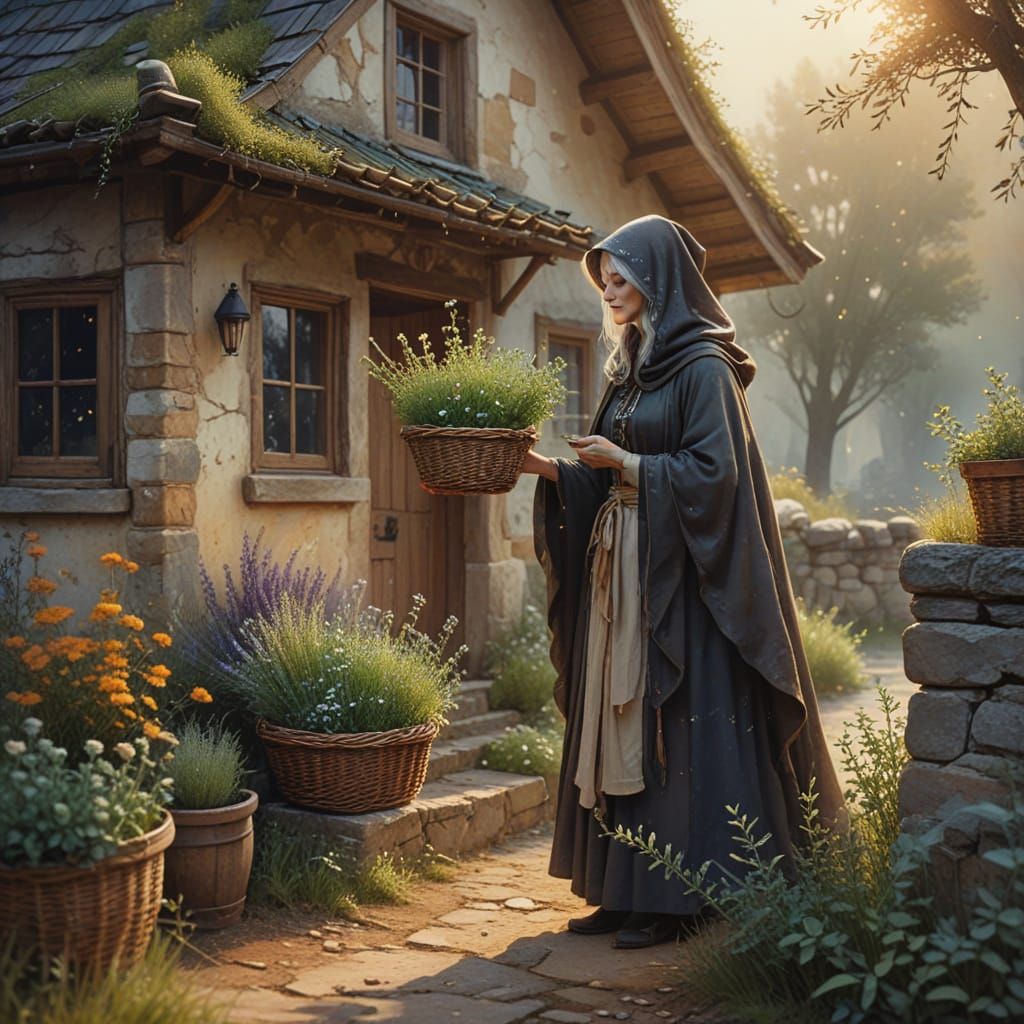 Whimsical Folk Art Witch Collects Herbs in a Cozy Stone Hous...