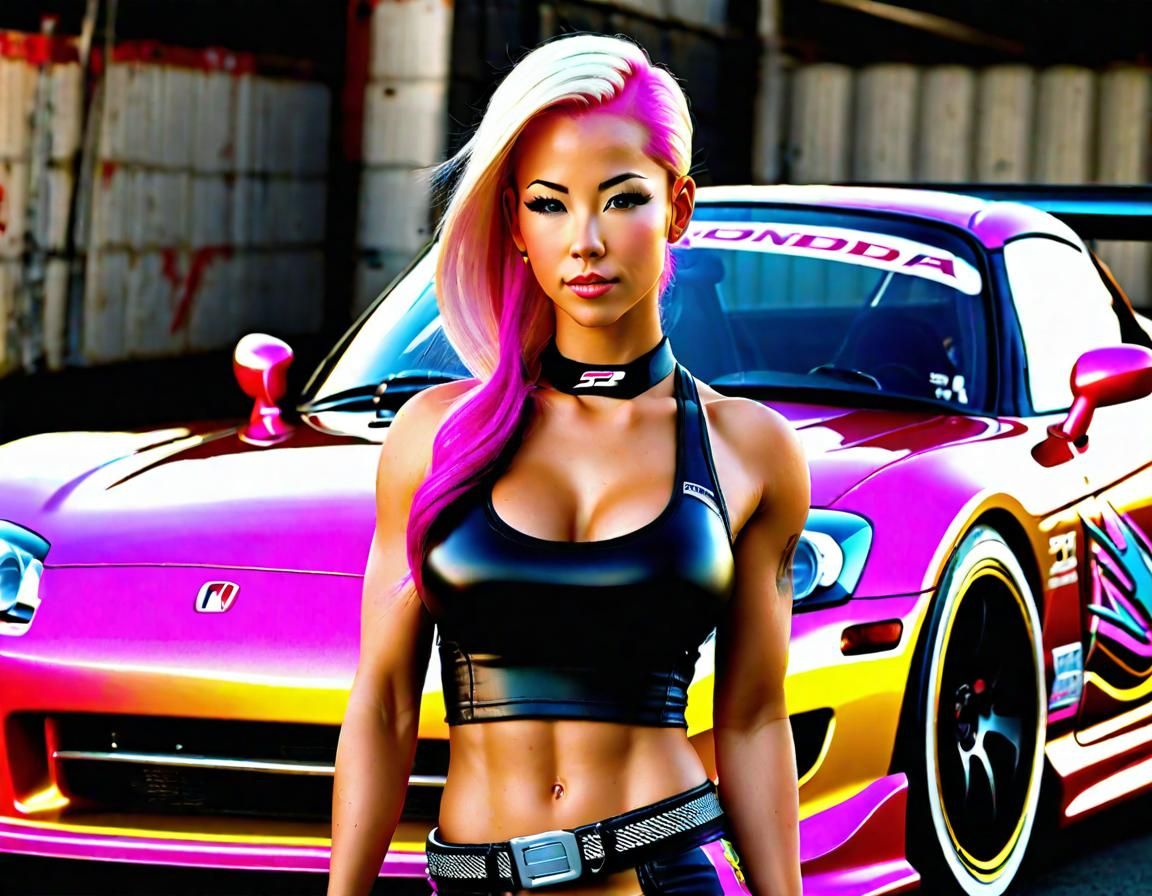 Female Race Car Driver with Honda S2000 Street Art