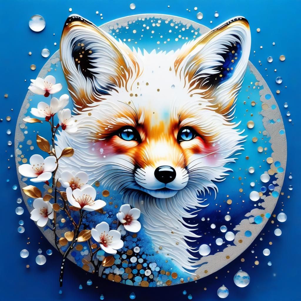 Glitter Fox Cub in Water, Klimt-Inspired Japanese Style