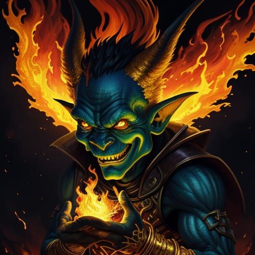 Goblin Surrounded by Gold Fire as Oil Painting