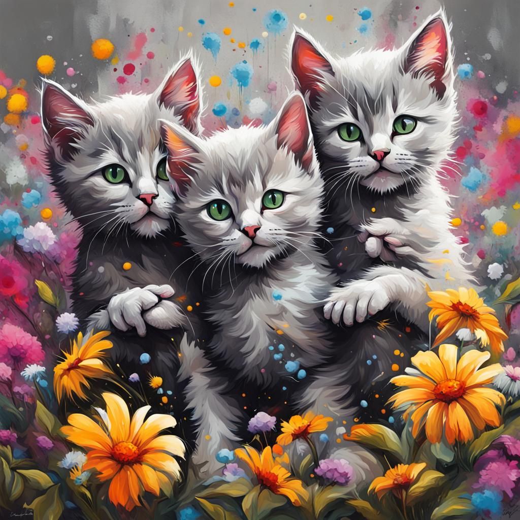 Playful Grey Kittens in Graffiti Art Style