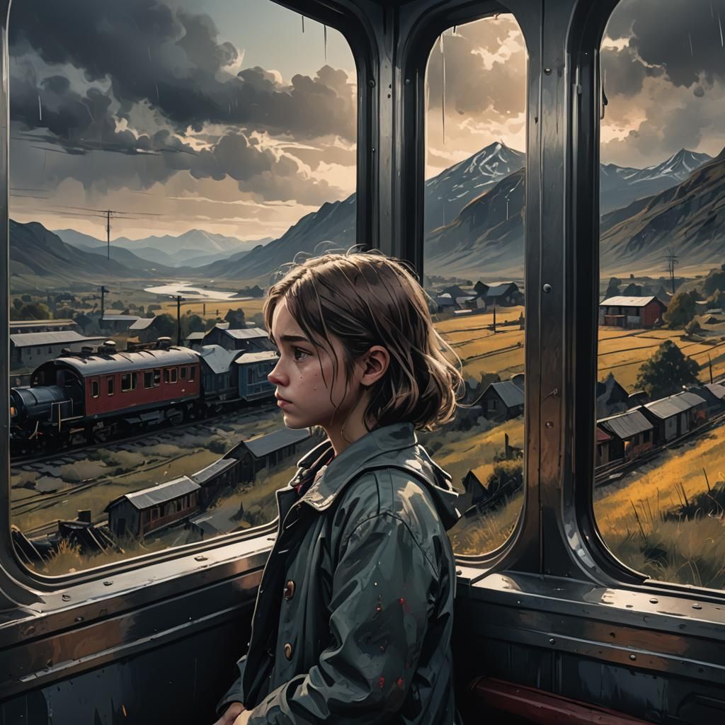 Sad Girl Views Gloomy Landscape: Detailed Matte Painting