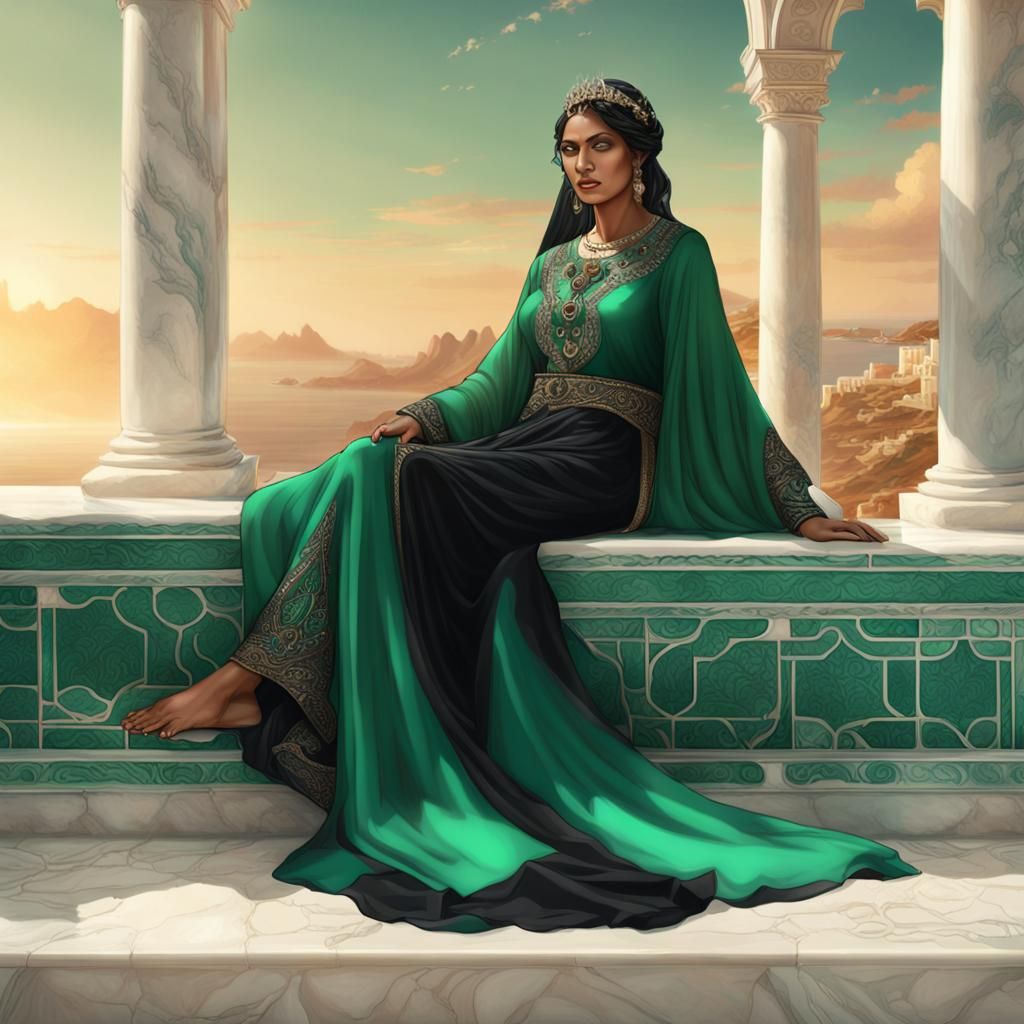 Voluptuous Arabian Woman Lounging in Mediterranean Setting
