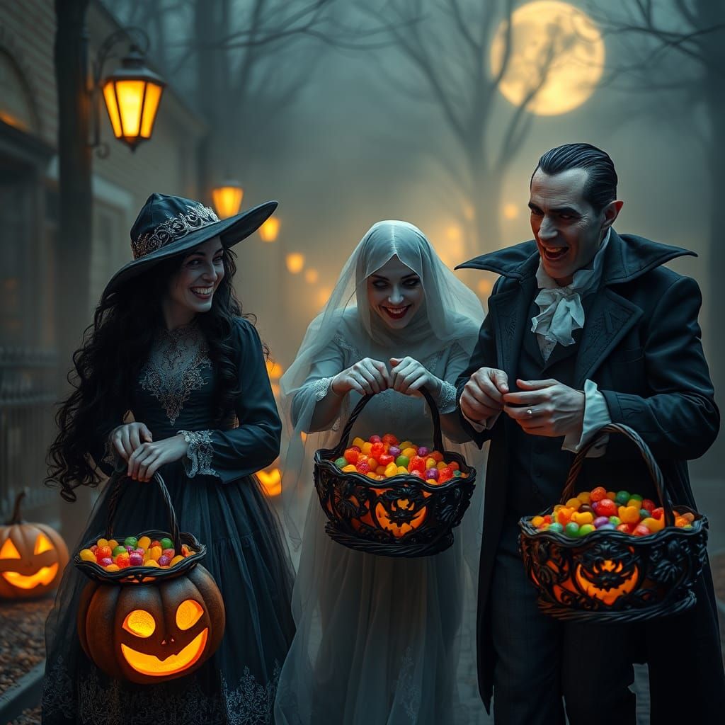 Halloween Friends in Victorian Costumes Collecting Candy