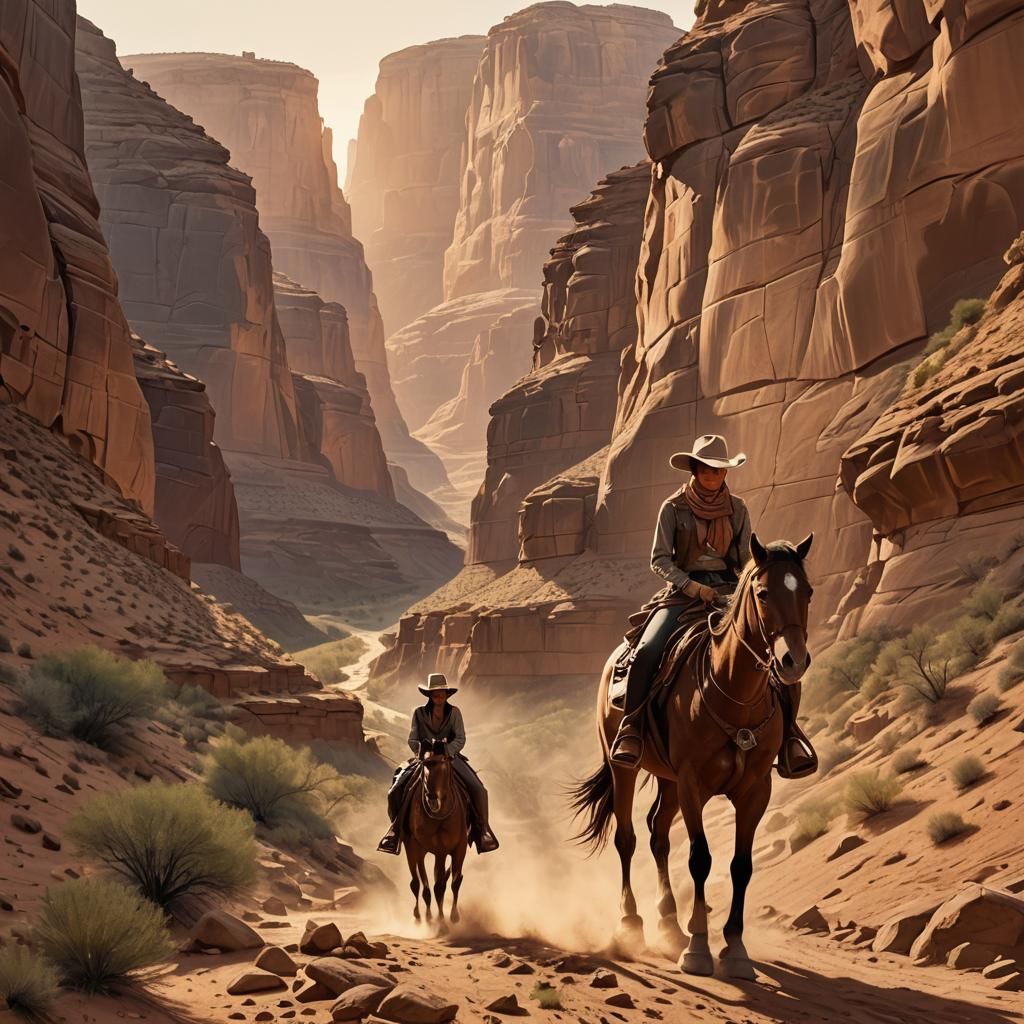 Cowgirl Rides Horse Through Desert Canyon