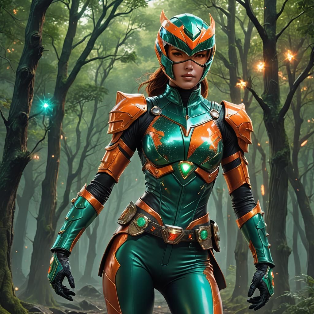 Super Sentai Woman Patrolling Forest in Anime Style