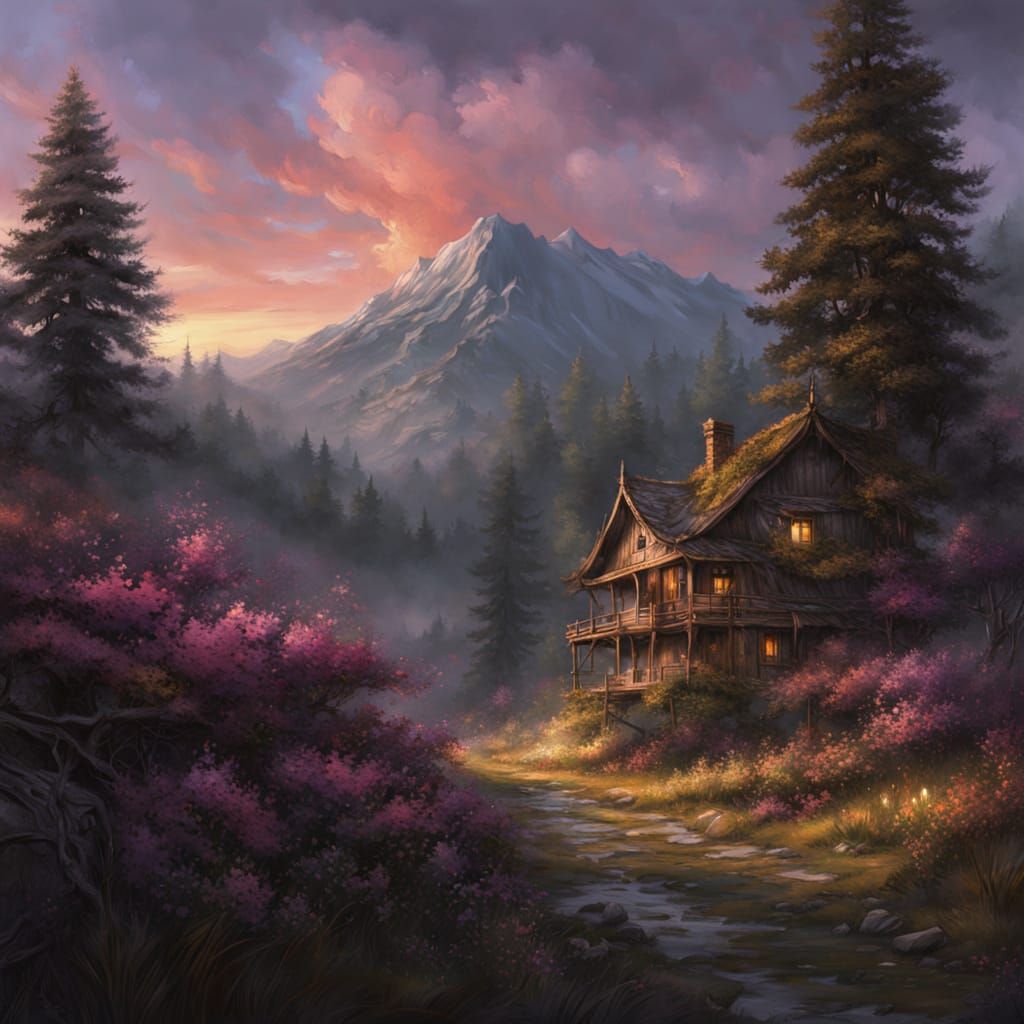 Hazy Forest Sunset with Purple Flowers in Sumi-e Style