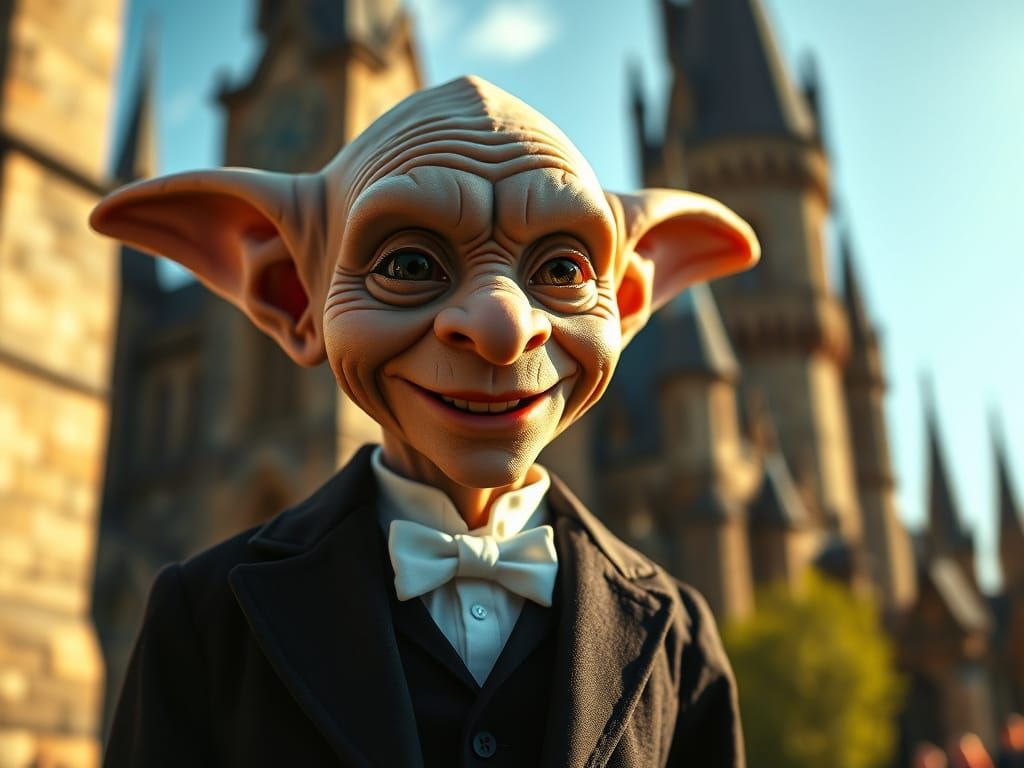 Dobby the Elf in Tuxedo, Hogwarts Background, Hyper-Realisti...