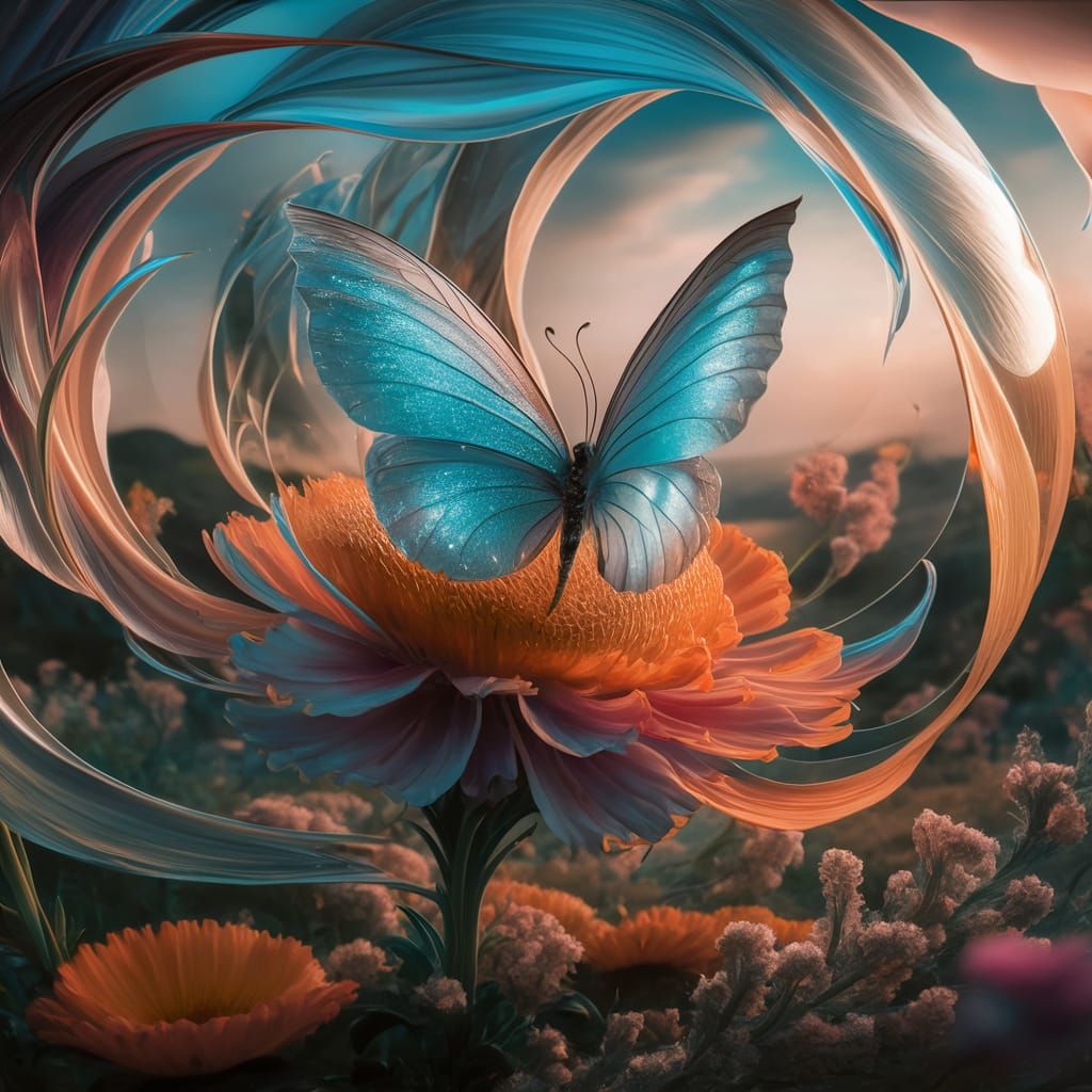 Mystical Butterfly on Flower in Dreamlike World