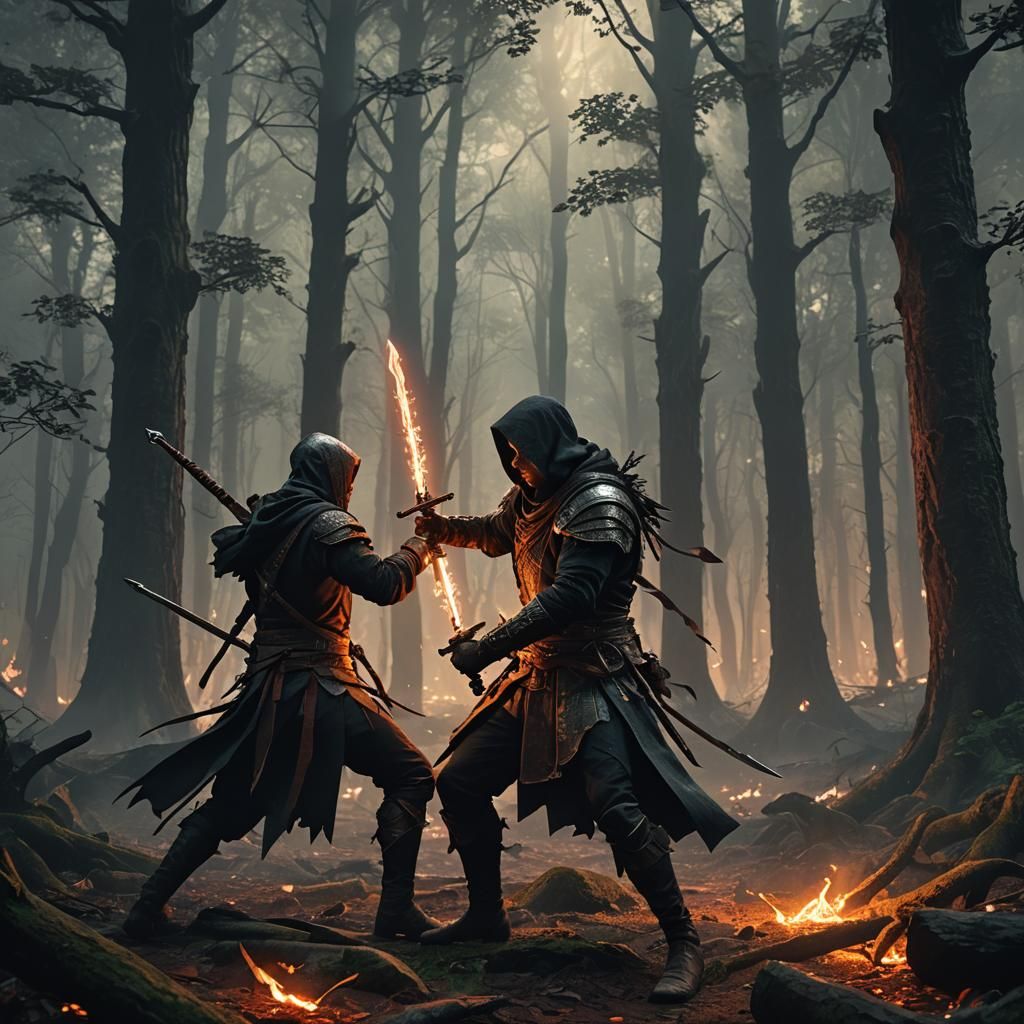 Fantasy Warrior's Duel in Mystical Forest