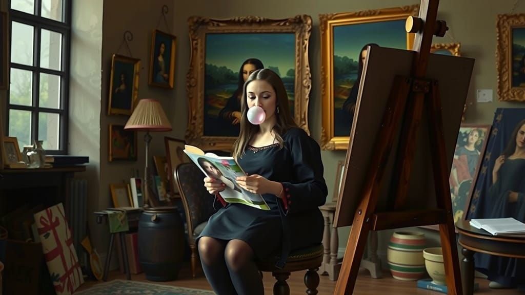 Mona Lisa Reads Fashion Magazine, Blows Pink Bubble Gum