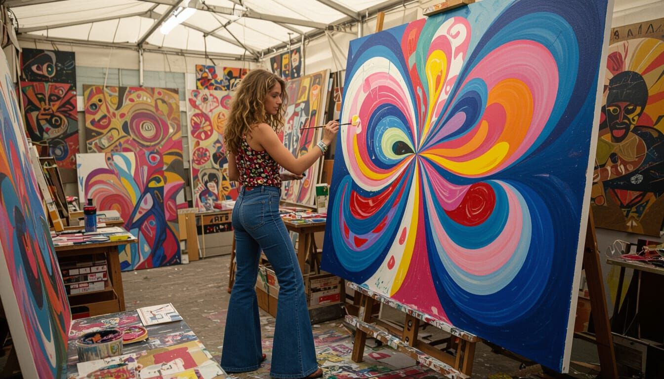 1970s Girl Creates Abstract Art at Rock Festival