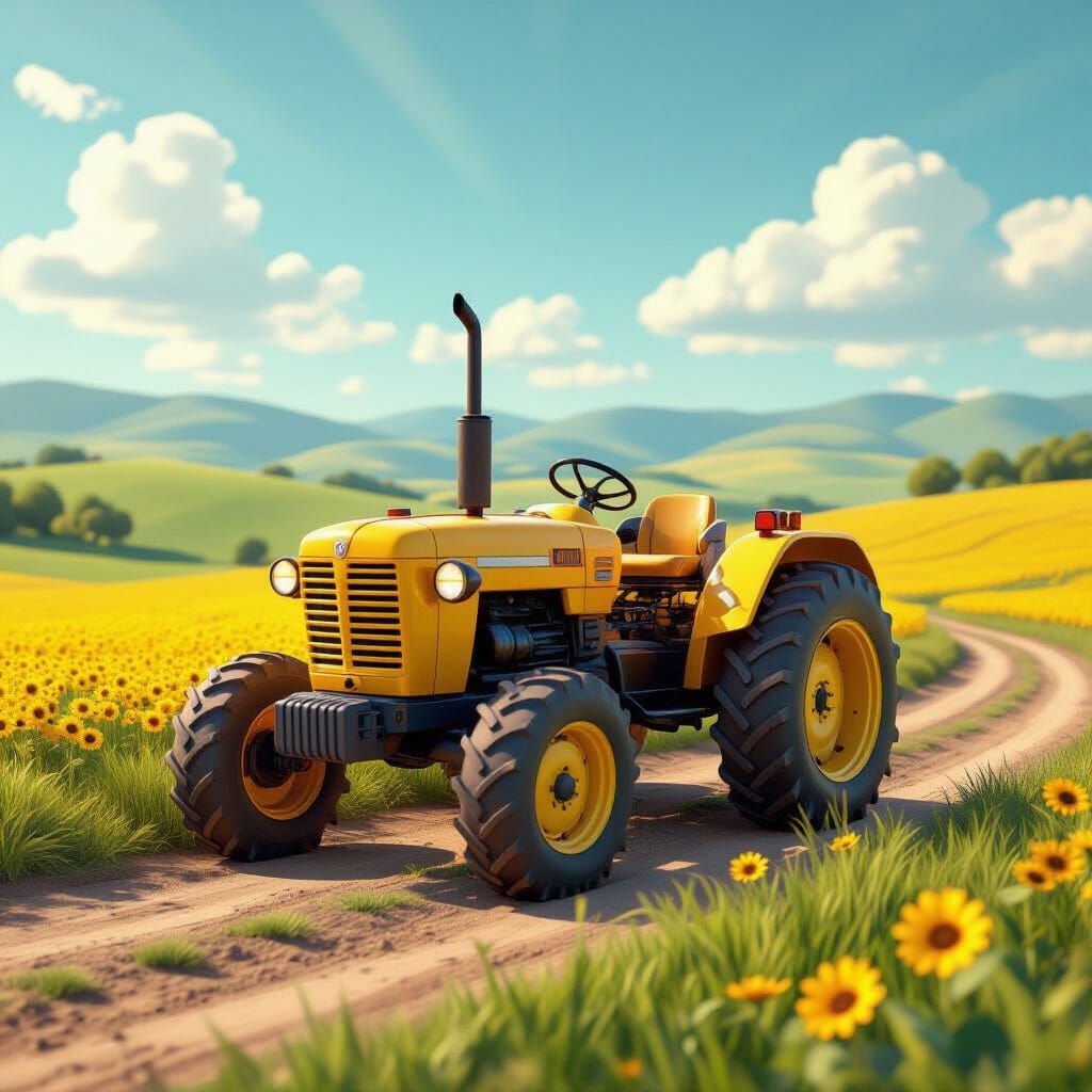 Yellow Tractor on Farm Road in 3D Digital Art