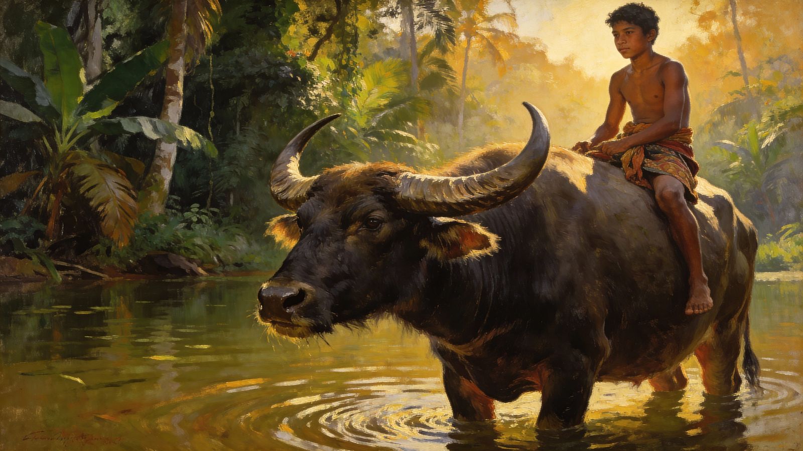 Man Rides Water Buffalo in Jungle Lake