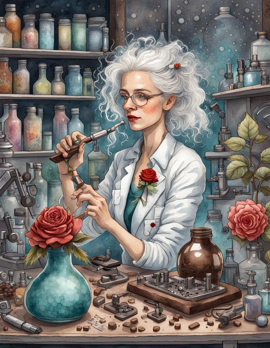 Mad Scientist Examines Chocolate Bar in Watercolor Style