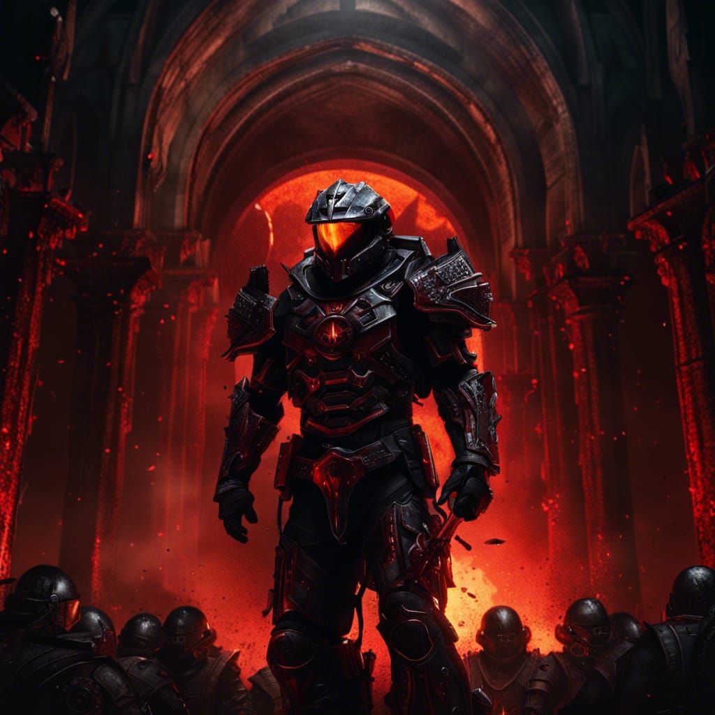 Armored Soldier in Burning Cathedral: Dark Fantasy Art