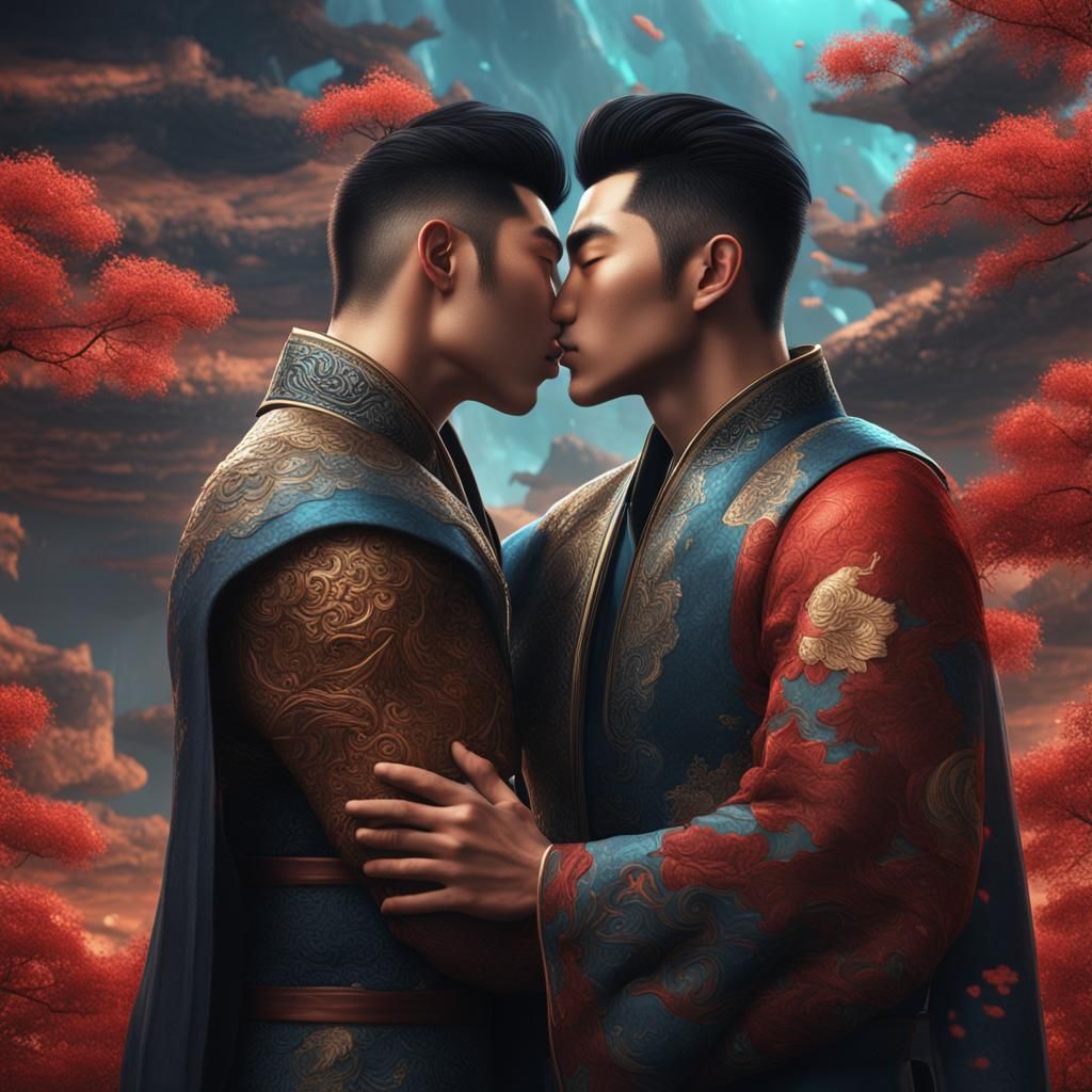 Asian Men in Love: Detailed Matte Painting