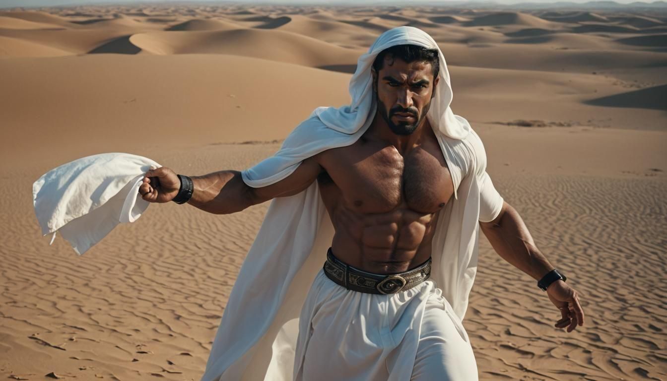 Arab Bodybuilder in Ghutra: Cinematic Film Still