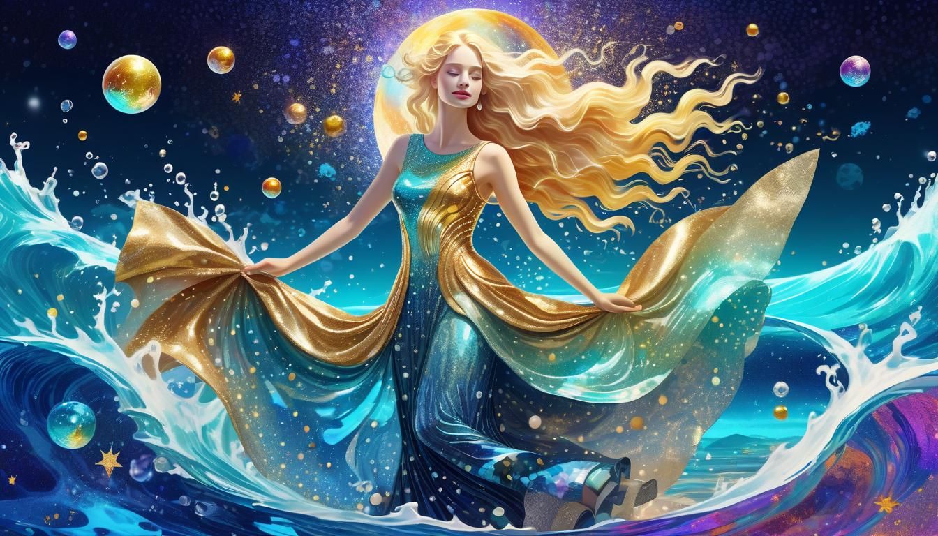 Woman in Water Dress with Astral Cosmic Background
