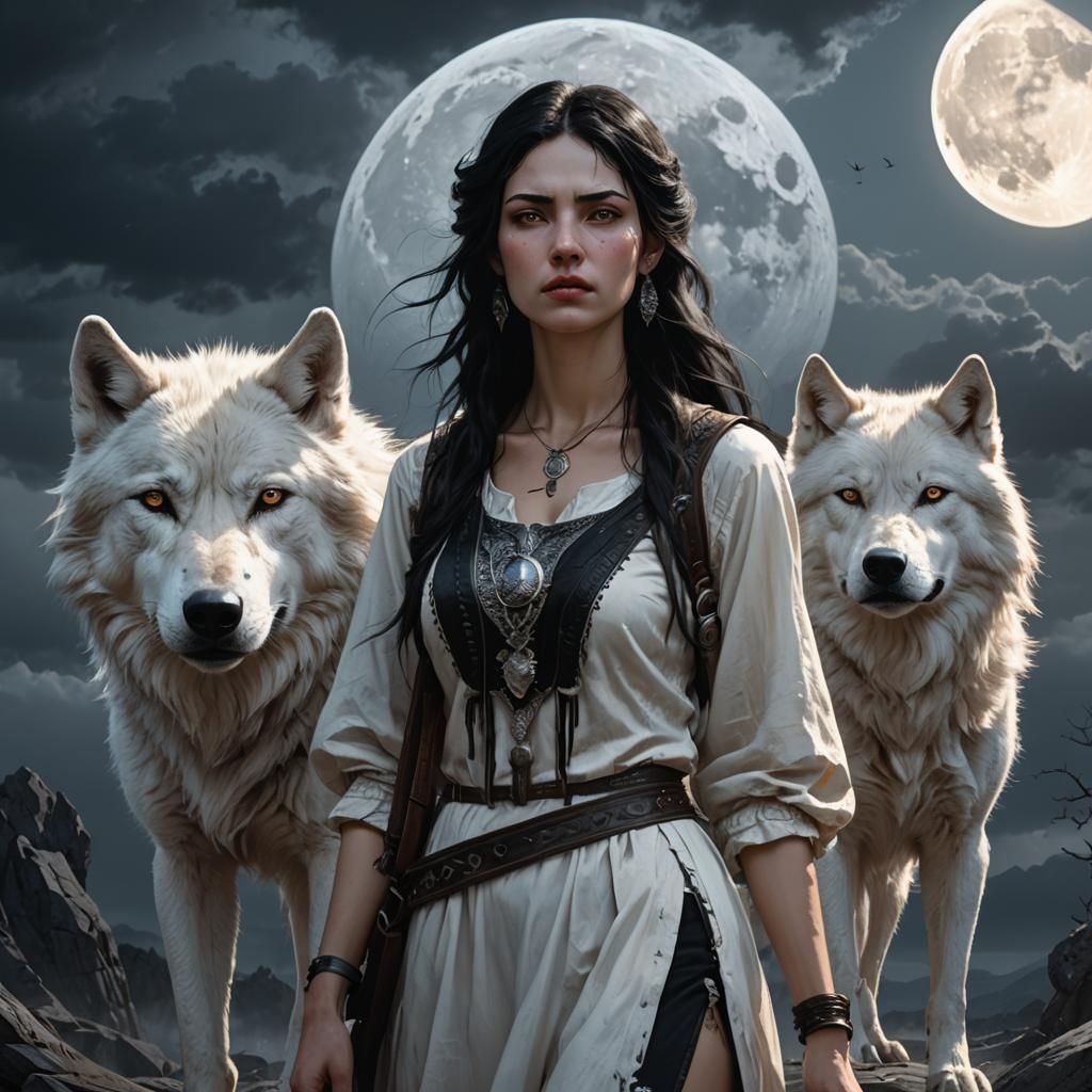 Pale Woman with Wolves Under Moonlight