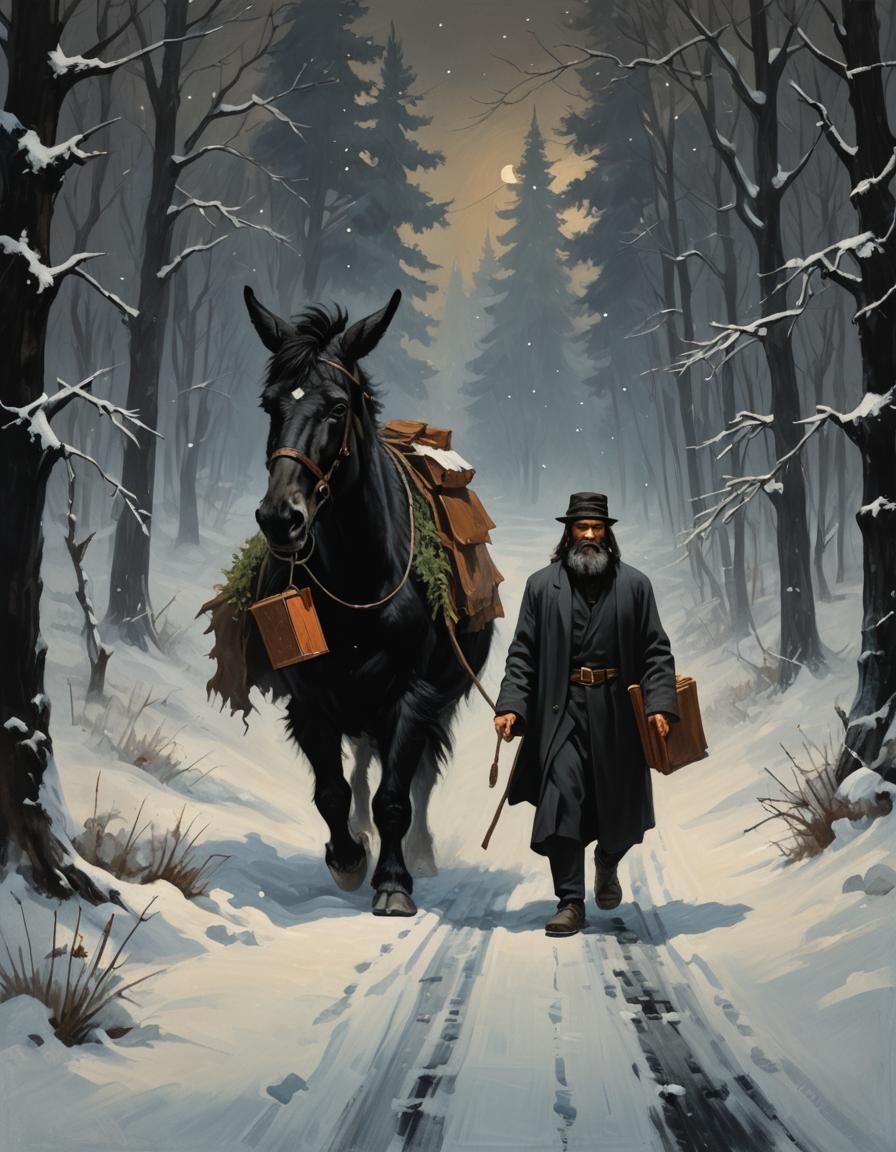 Dervish and Donkey in Snowy Night, Frazetta Style