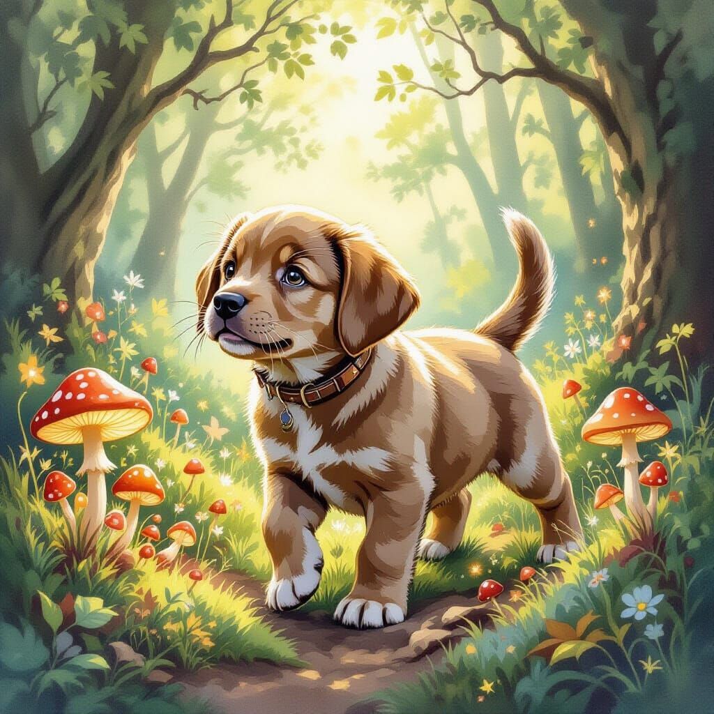 Labrador Puppy's Magical Forest Adventure in Watercolor Styl...