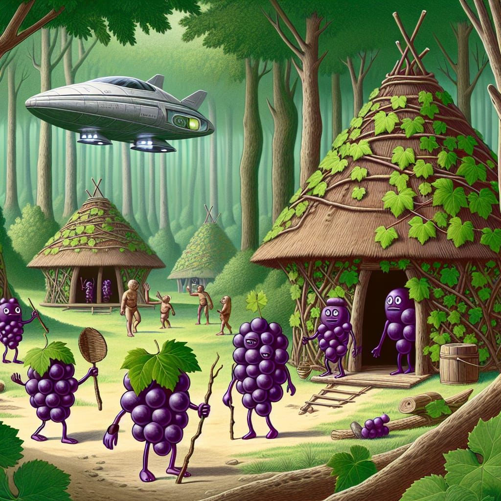 Anthropomorphic Grapes Discover Spaceship in Forest