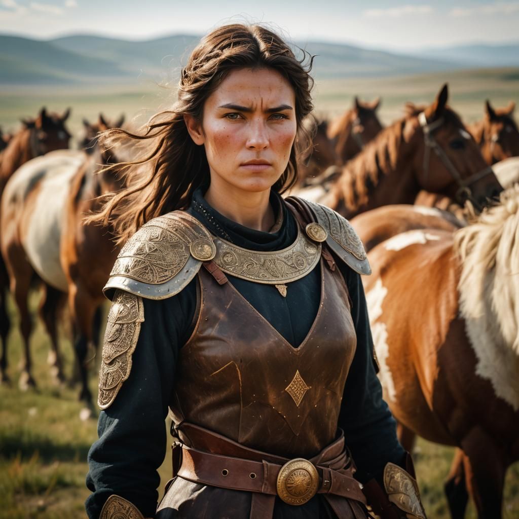 Scythian Female Warrior with Bow on Steppe