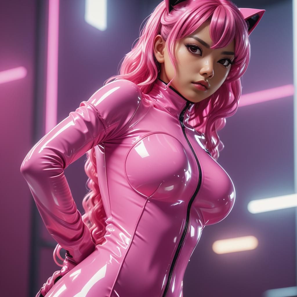 Latina Domina Neko in Pink Latex Catsuit