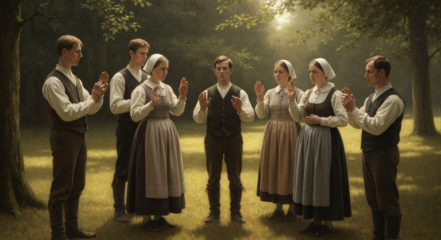 Old Order Quakers Share Silent Gestures in Forest Clearing