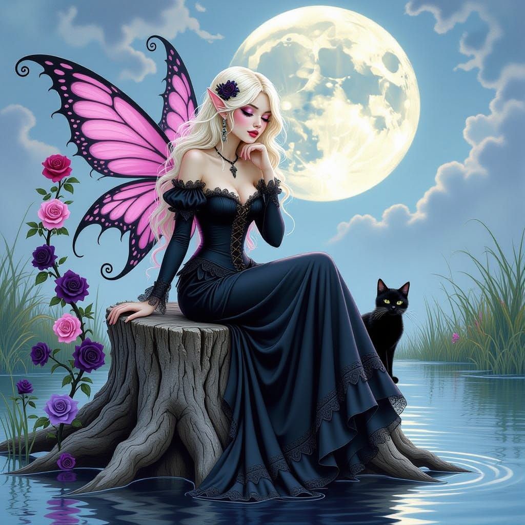 Gothic Fairy on Tree Stump in Kinuko Craft Style