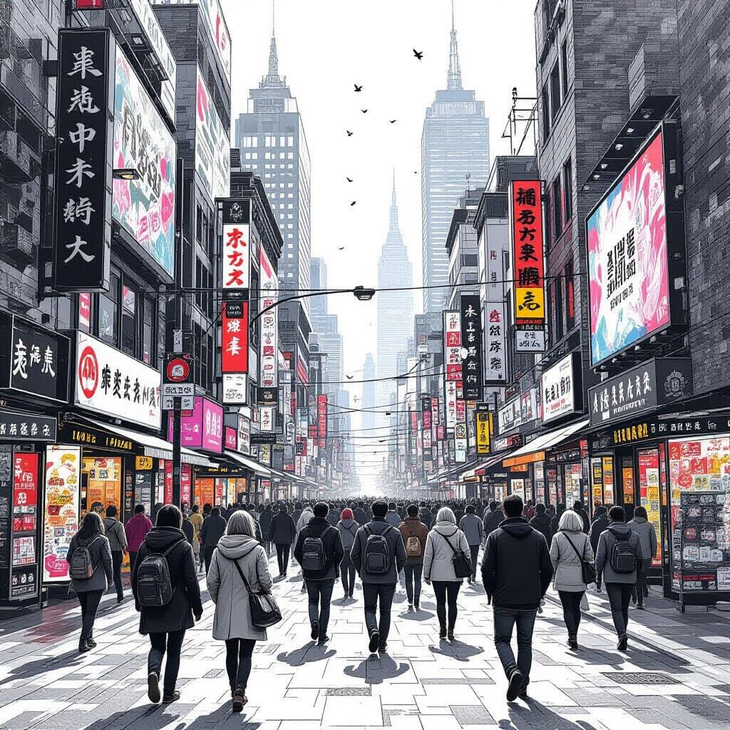 Hyperdetailed Charcoal Drawing of a Bustling City Street