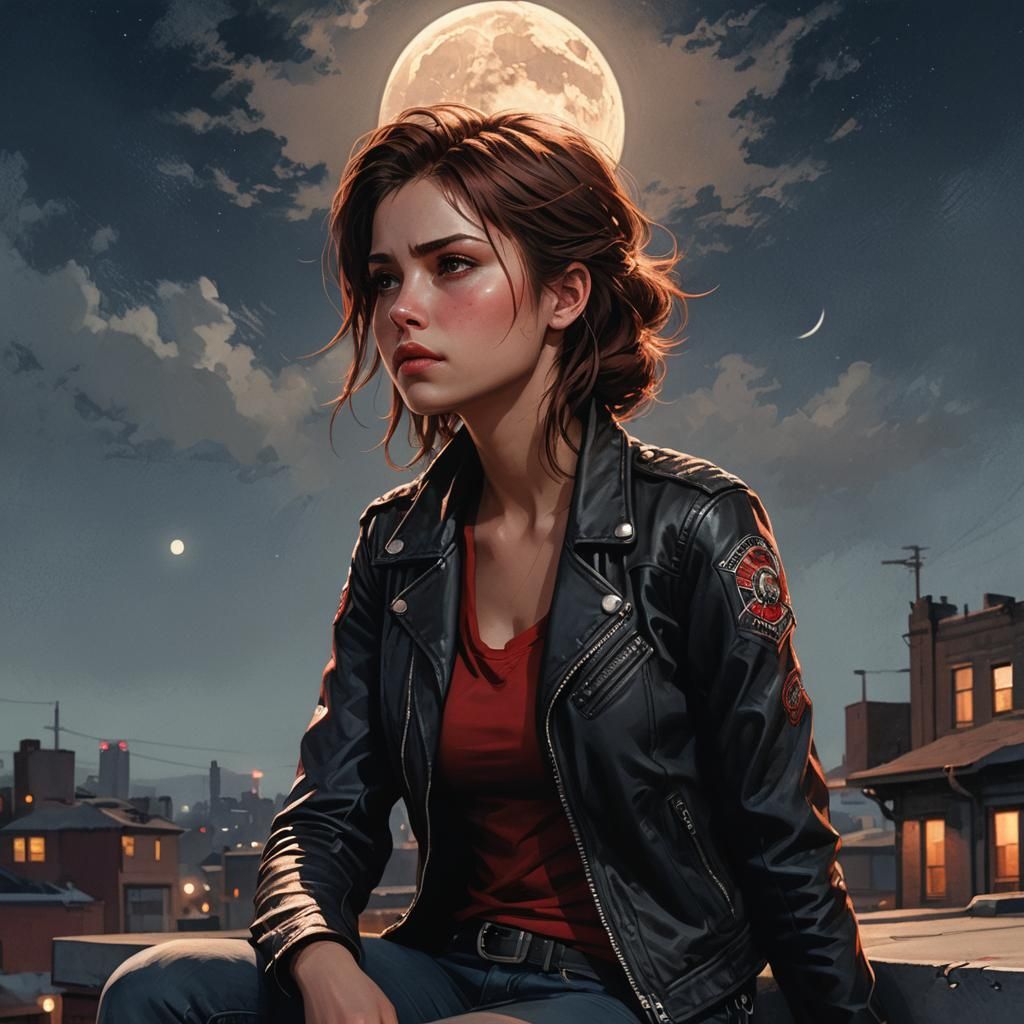 Rooftop Watcher: Fantasy Art Portrait in Moonlight