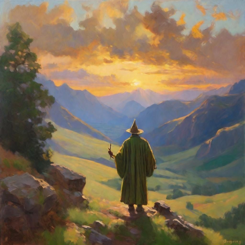 Wizard in Valley: Impressionist Oil Painting at Sunset