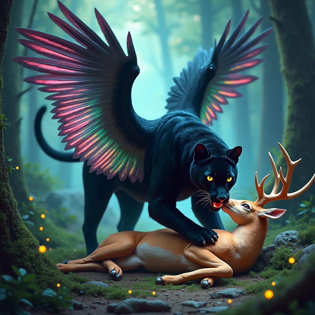 Black Panther with Iridescent Wings in Mystical Forest