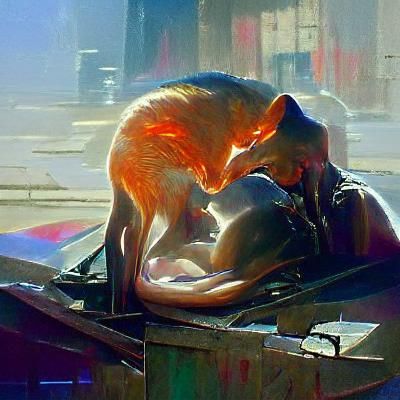 Fox and Cat Kissing in Cyberpunk Sunshine