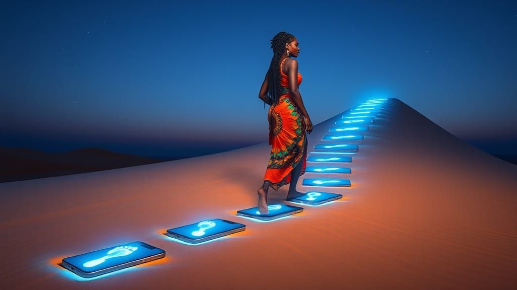 Woman Ascends Dreamlike Stairway in Digital Art