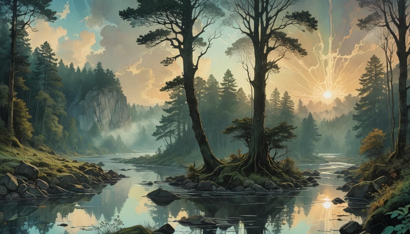 Hand-Drawn Hologram Forest Clearing in Retro Style