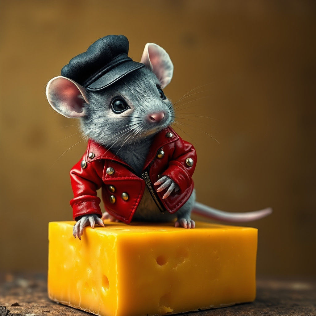 Mouse in Red Leather Jacket with Cheese